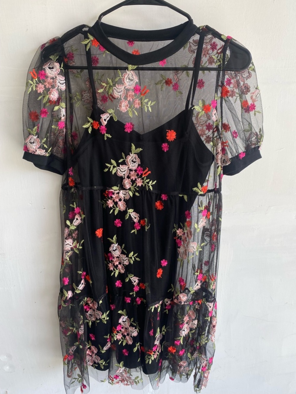 SHEIN Black Sheer Mini Dress with Pink & Red Floral Embroidery